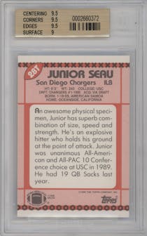 Junior Seau from the 1990 Topps Traded set graded by Beckett and given an overall grade of 9.5.