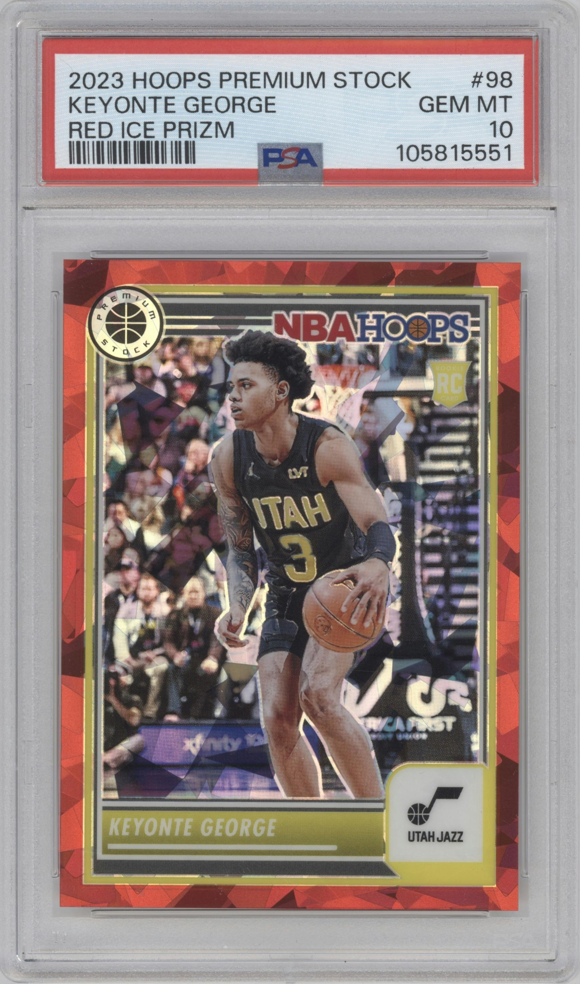 Keyonte George from the 2023-24 Panini Hoops Premium Stock set featuring a Red Ice parallel graded by PSA and given an overall grade of 10.