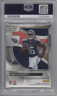 Treylon Burks from the 2022 Panini Spectra set featuring a Neon Marble parallel graded by PSA and given an overall grade of 9.