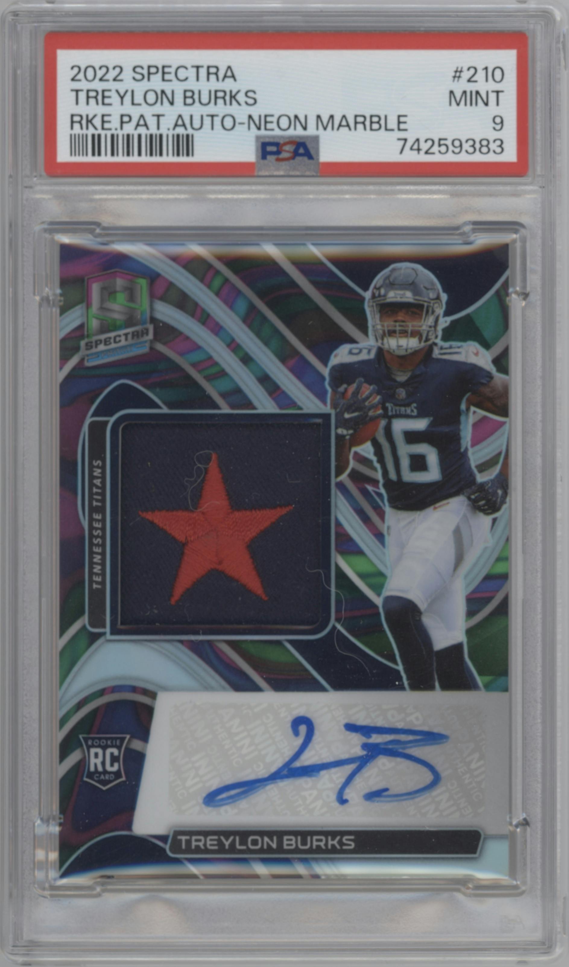 Treylon Burks from the 2022 Panini Spectra set featuring a Neon Marble parallel graded by PSA and given an overall grade of 9.