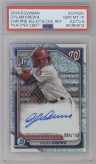 Dylan Crews from the 2024 Bowman set featuring a HTA Choice parallel graded by PSA and given an overall grade of 10.