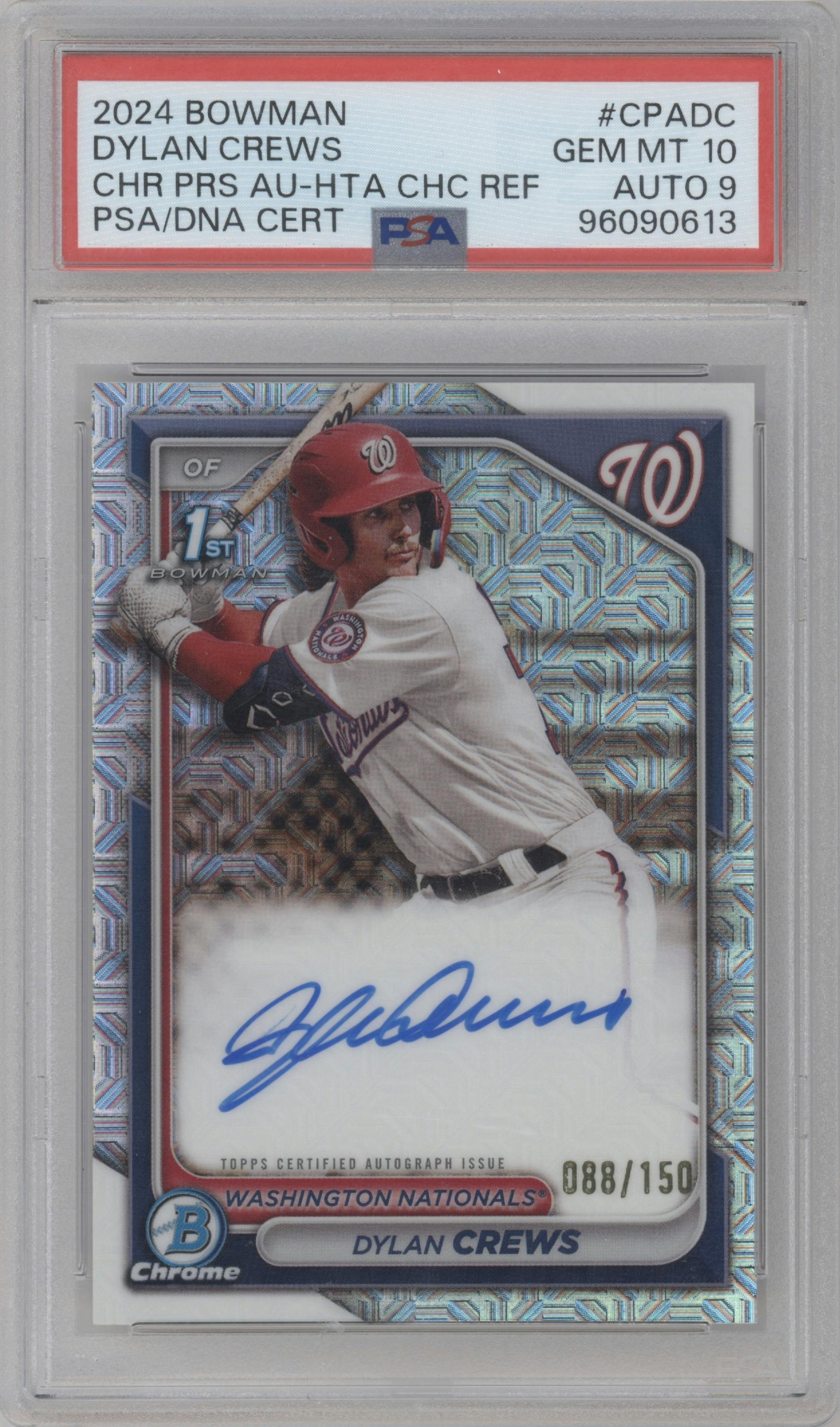 Dylan Crews from the 2024 Bowman set featuring a HTA Choice parallel graded by PSA and given an overall grade of 10.