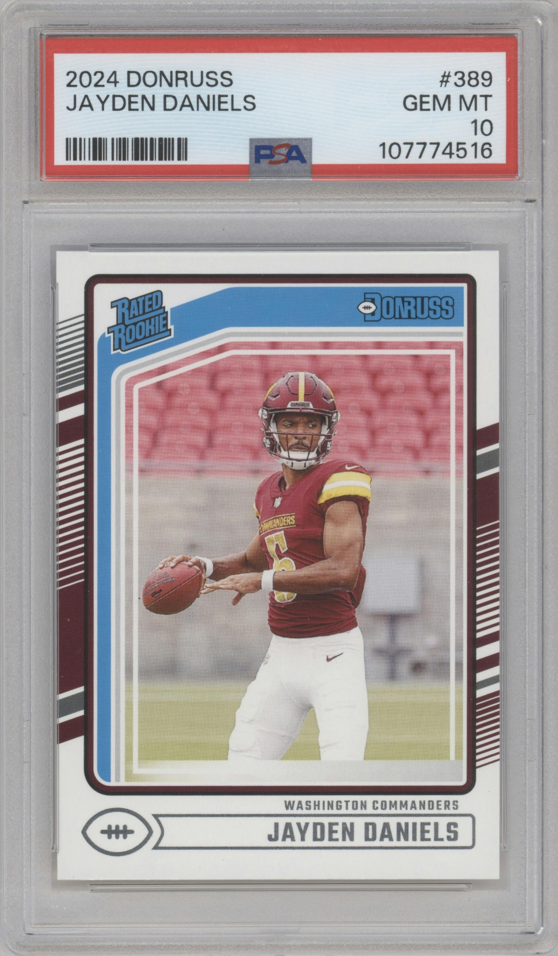Jayden Daniels from the 2024 Donruss set graded by PSA and given an overall grade of 10.