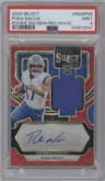 Puka Nacua from the 2023 Panini Select set featuring a Red Wave Prizm parallel graded by PSA and given an overall grade of 9.