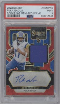Puka Nacua from the 2023 Panini Select set featuring a Red Wave Prizm parallel graded by PSA and given an overall grade of 9.