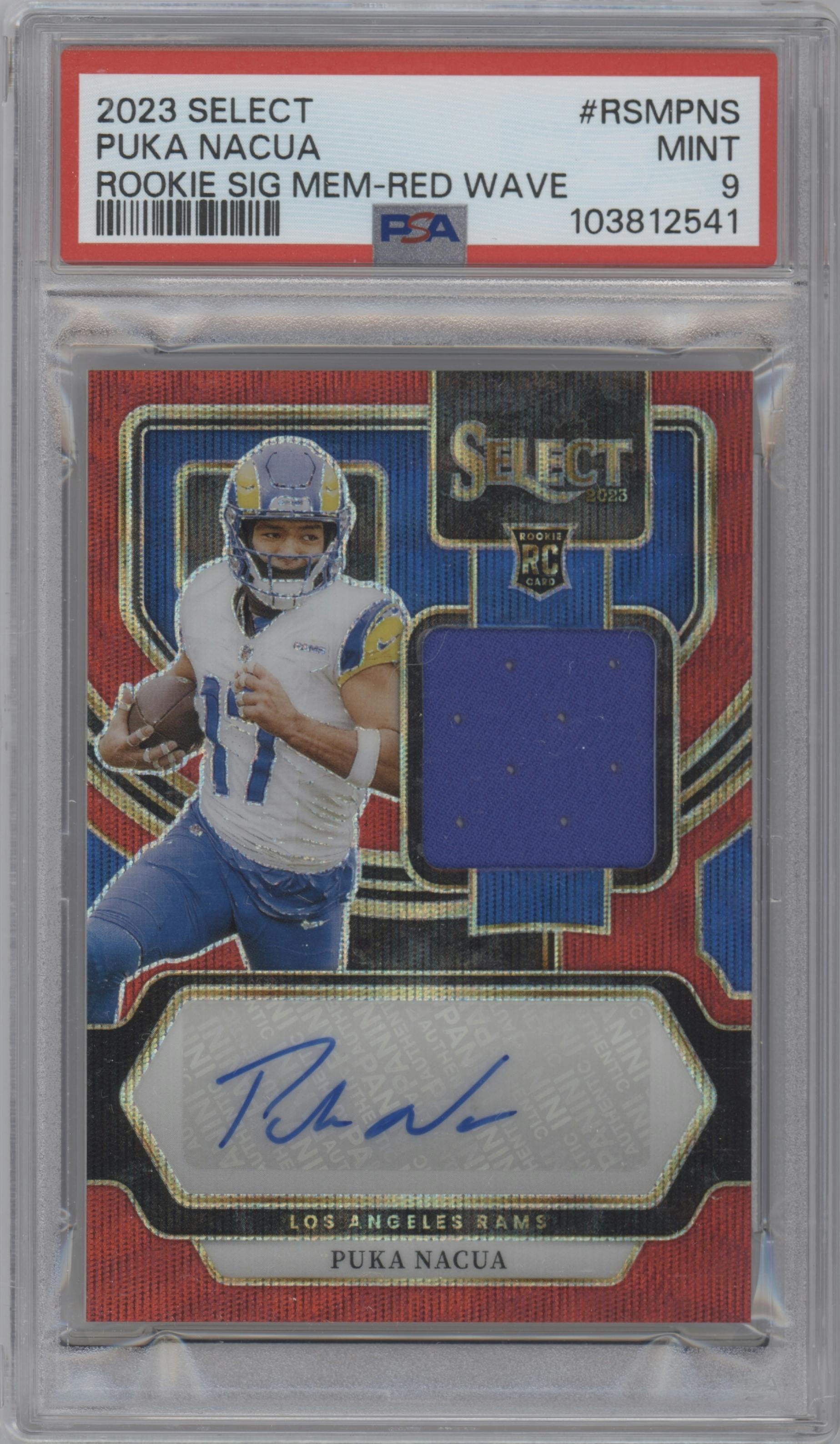 Puka Nacua from the 2023 Panini Select set featuring a Red Wave Prizm parallel graded by PSA and given an overall grade of 9.