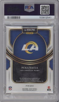 Puka Nacua from the 2023 Panini Select set featuring a Red Wave Prizm parallel graded by PSA and given an overall grade of 9.