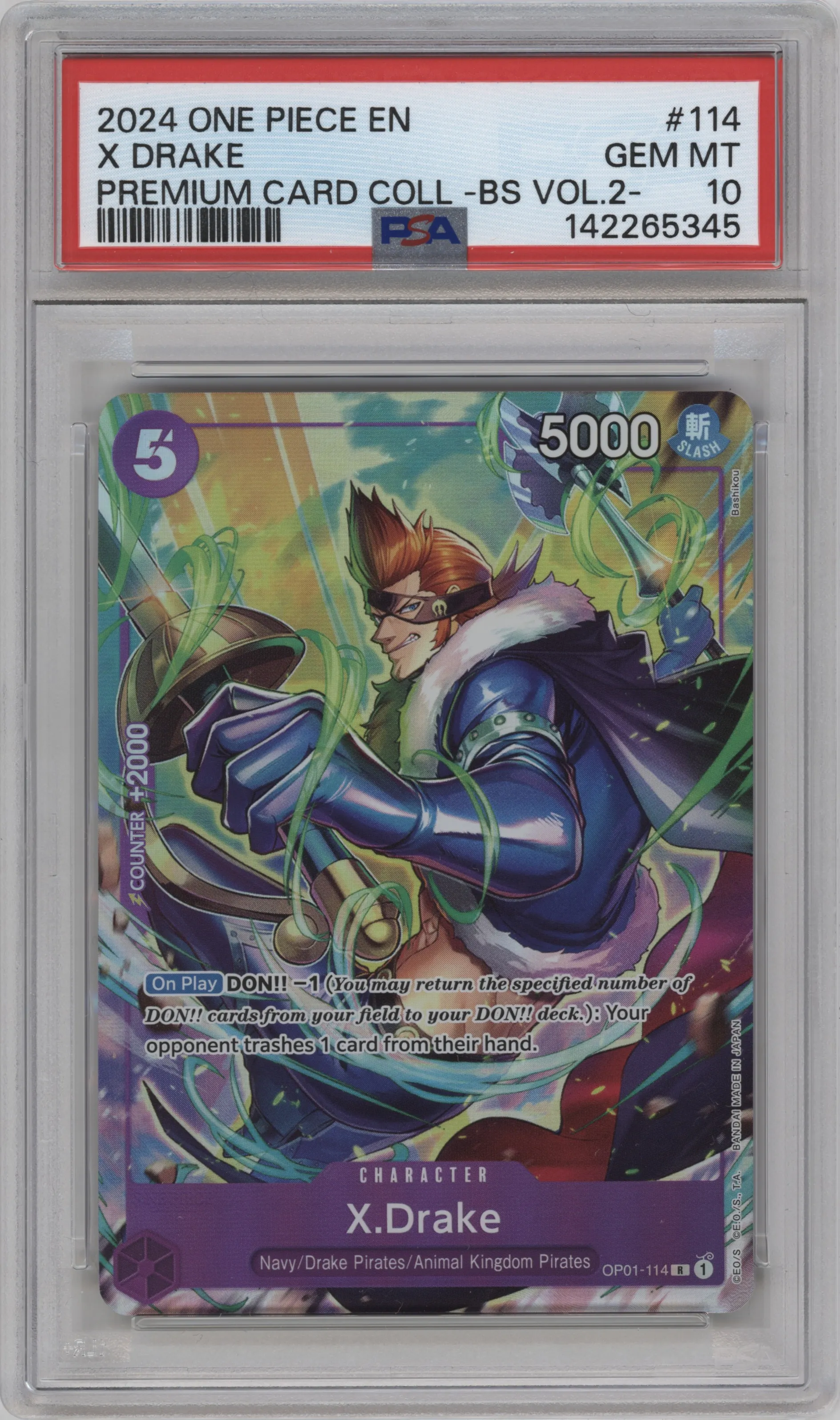 2024 One Piece Prem.Crd.Cllctn.Bst.Slctn.Vol.2 X.Drake R #OP01-114 R PSA 10