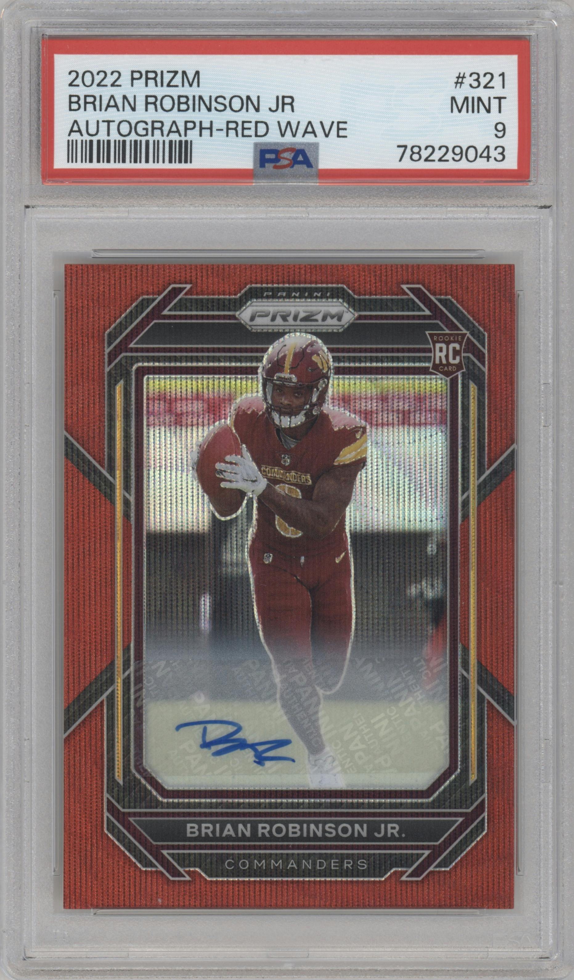 Brian Robinson Jr. from the 2022 Panini Prizm set featuring a Red Wave parallel graded by PSA and given an overall grade of 9.