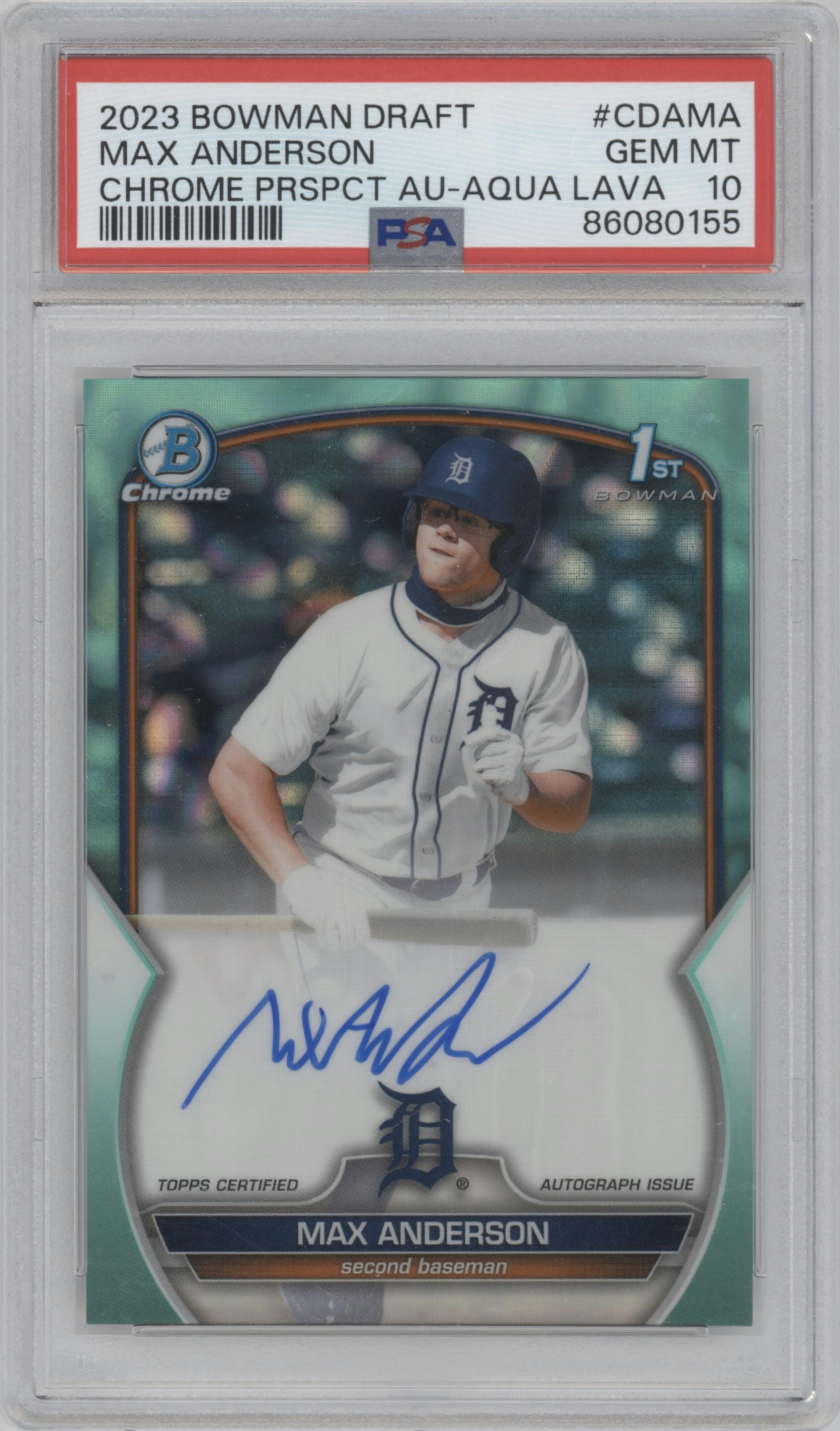 Max Anderson from the 2023 Bowman Draft set featuring a Aqua Lava Refractor parallel graded by PSA and given an overall grade of 10.