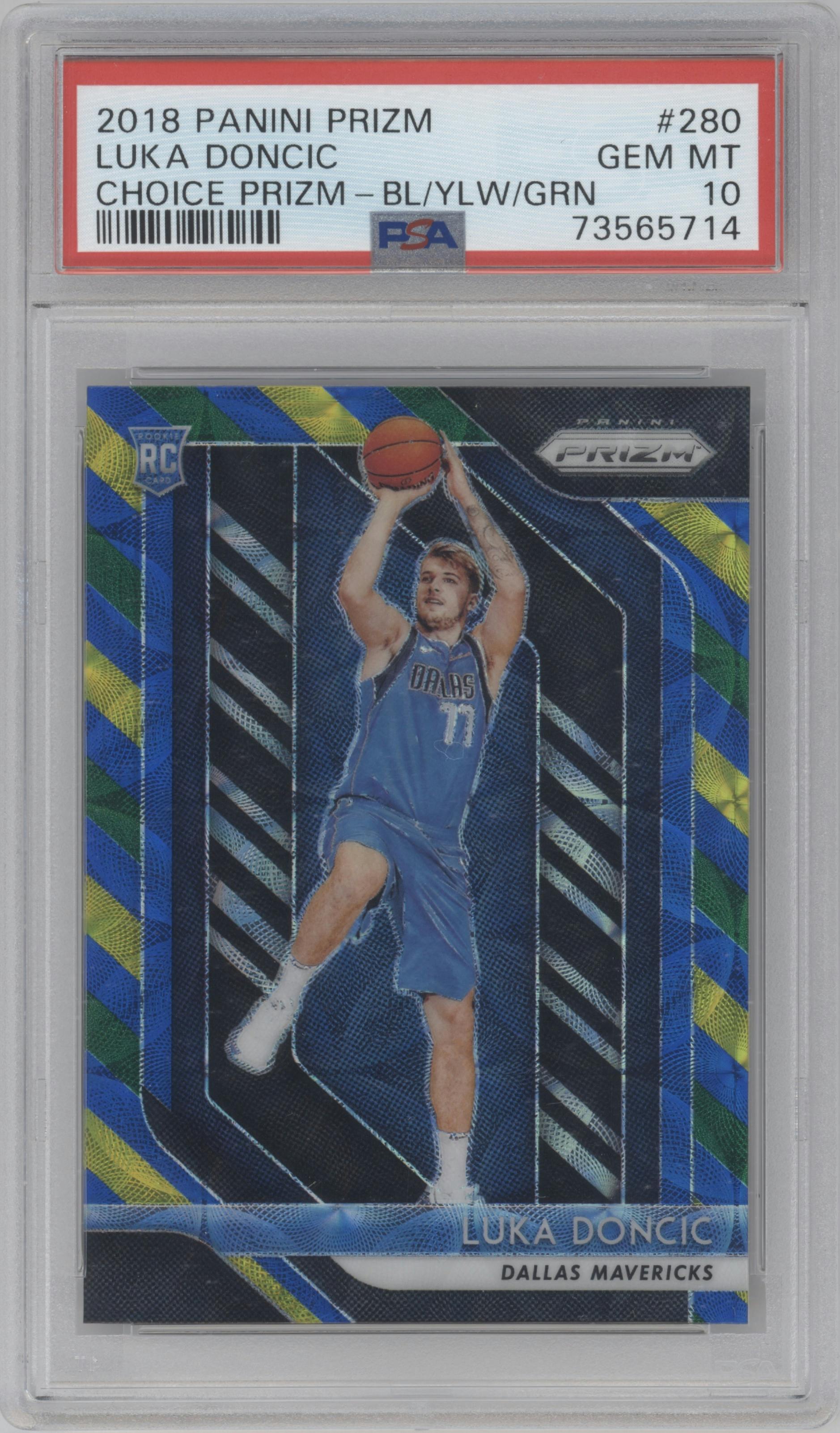 Luka Doncic from the 2018-19 Panini Prizm set featuring a Choice Blue/Yellow/Green parallel graded by PSA and given an overall grade of 10.