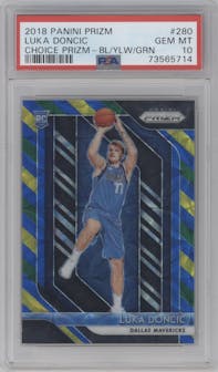 Luka Doncic from the 2018-19 Panini Prizm set featuring a Choice Blue/Yellow/Green parallel graded by PSA and given an overall grade of 10.