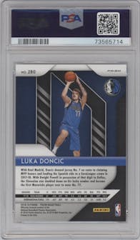 Luka Doncic from the 2018-19 Panini Prizm set featuring a Choice Blue/Yellow/Green parallel graded by PSA and given an overall grade of 10.
