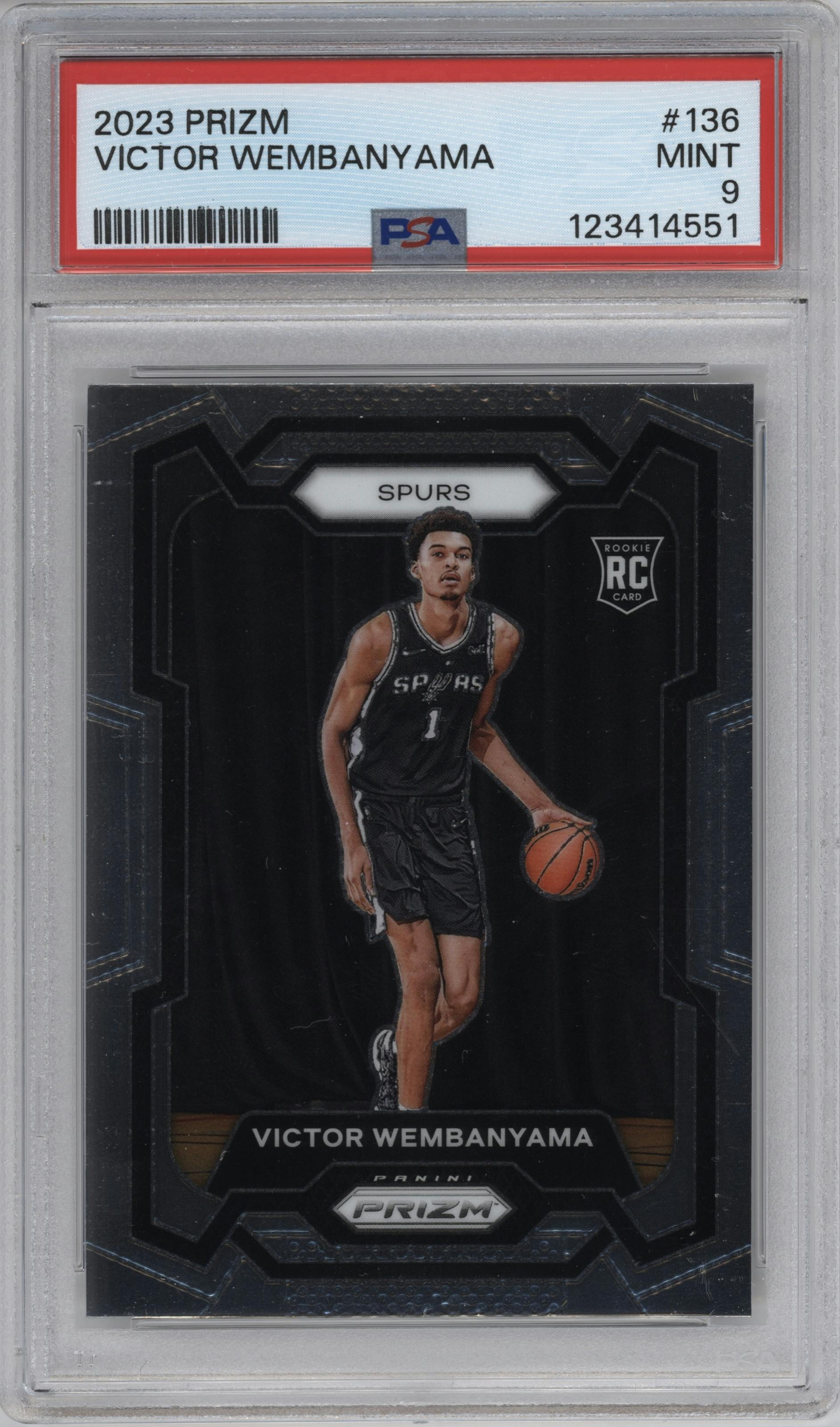 Victor Wembanyama from the 2023-24 Panini Prizm set graded by PSA and given an overall grade of 9.