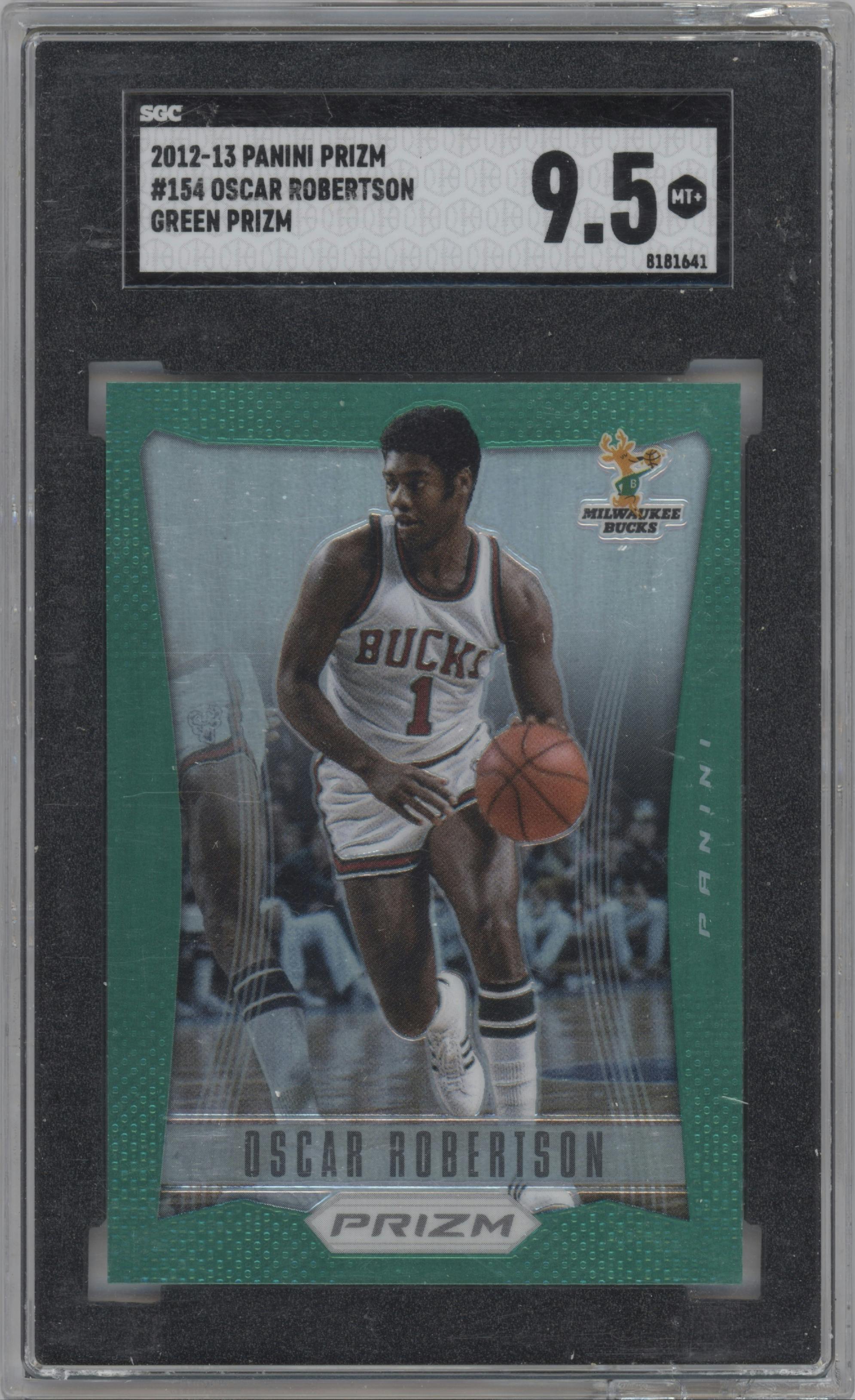 Oscar Robertson from the 2012-13 Panini Prizm set featuring a Green Prizm parallel graded by SGC and given an overall grade of 9.5.