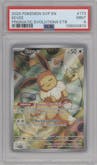 Eevee from the 2025 Pokemon SV set featuring a Prismatic Evolutions Elite Trainer Box parallel graded by PSA and given an overall grade of 9.