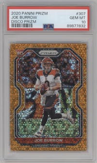 Joe Burrow from the 2020 Panini Prizm set featuring a Disco parallel graded by PSA and given an overall grade of 10.