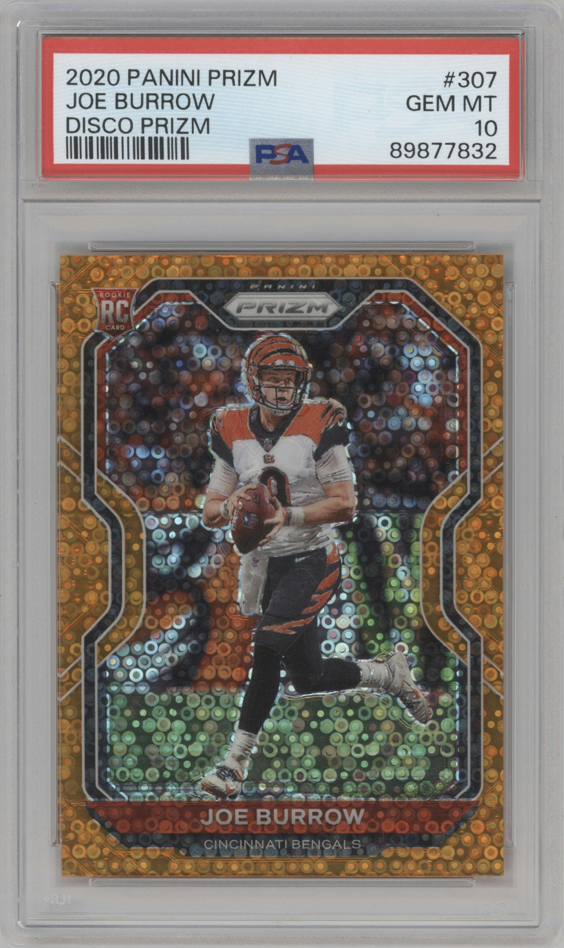 Joe Burrow from the 2020 Panini Prizm set featuring a Disco parallel graded by PSA and given an overall grade of 10.