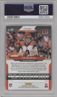 Joe Burrow from the 2020 Panini Prizm set featuring a Disco parallel graded by PSA and given an overall grade of 10.