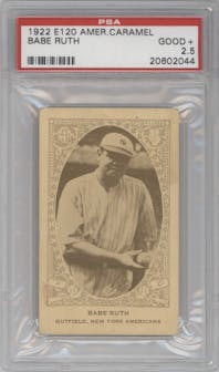 Babe Ruth  from the 1922 E120 American Caramel Series of 240 set graded by PSA and given an overall grade of 2.5.