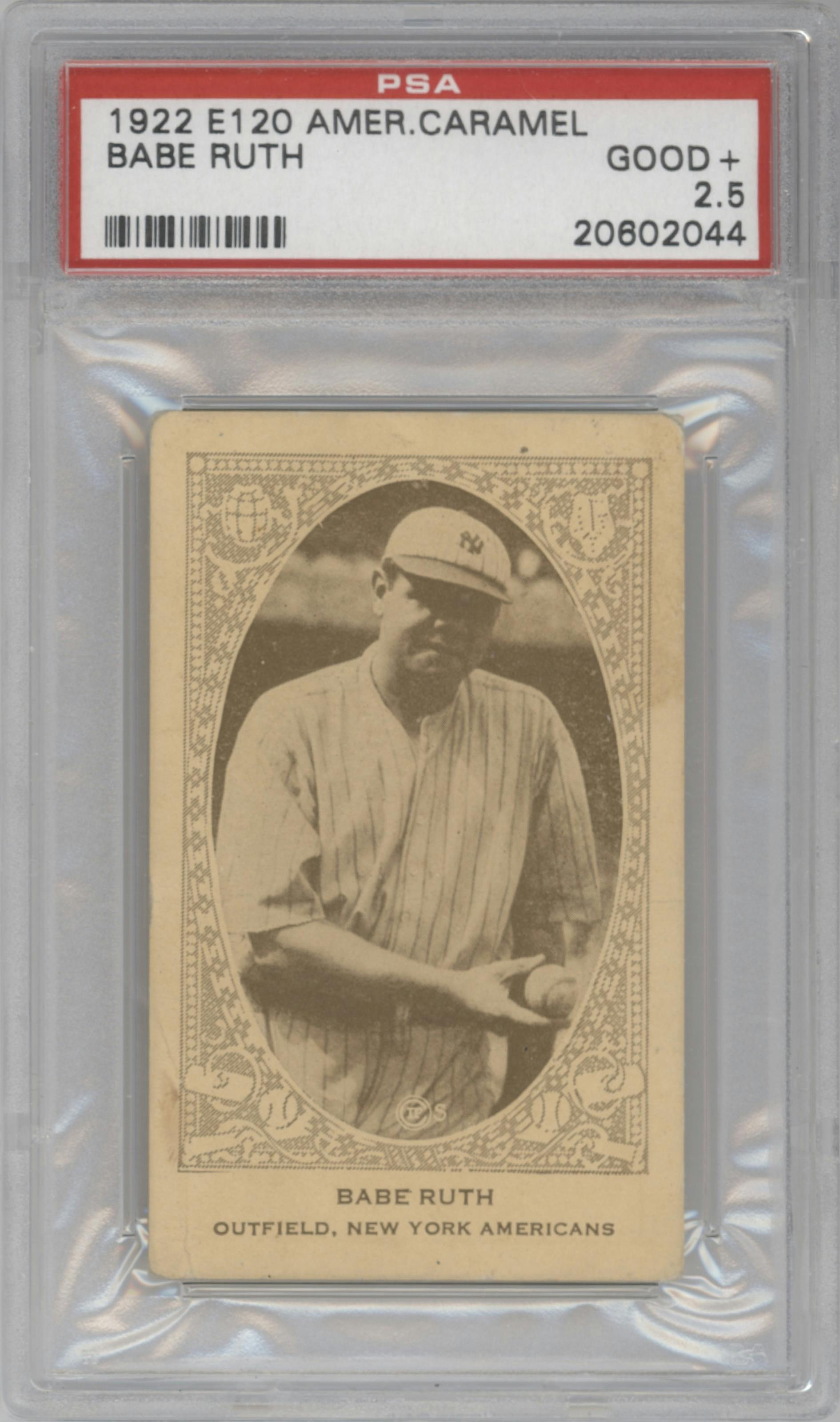 Babe Ruth  from the 1922 E120 American Caramel Series of 240 set graded by PSA and given an overall grade of 2.5.