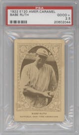 Babe Ruth from the 1922 E120 American Caramel Series of 240 set graded by PSA and given an overall grade of 2.5.