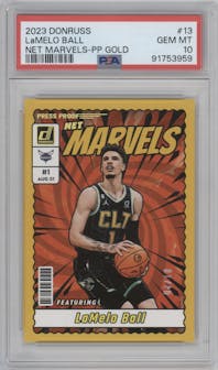 LaMelo Ball from the 2023-24 Panini Donruss set featuring a Gold Press Proof parallel graded by PSA and given an overall grade of 10.