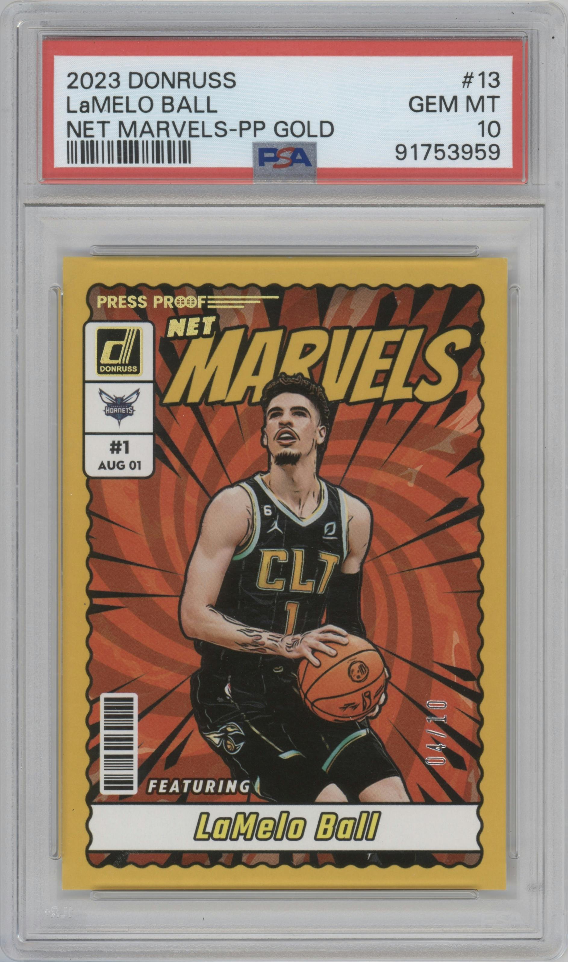 LaMelo Ball from the 2023-24 Panini Donruss set featuring a Gold Press Proof parallel graded by PSA and given an overall grade of 10.