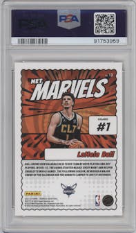LaMelo Ball from the 2023-24 Panini Donruss set featuring a Gold Press Proof parallel graded by PSA and given an overall grade of 10.