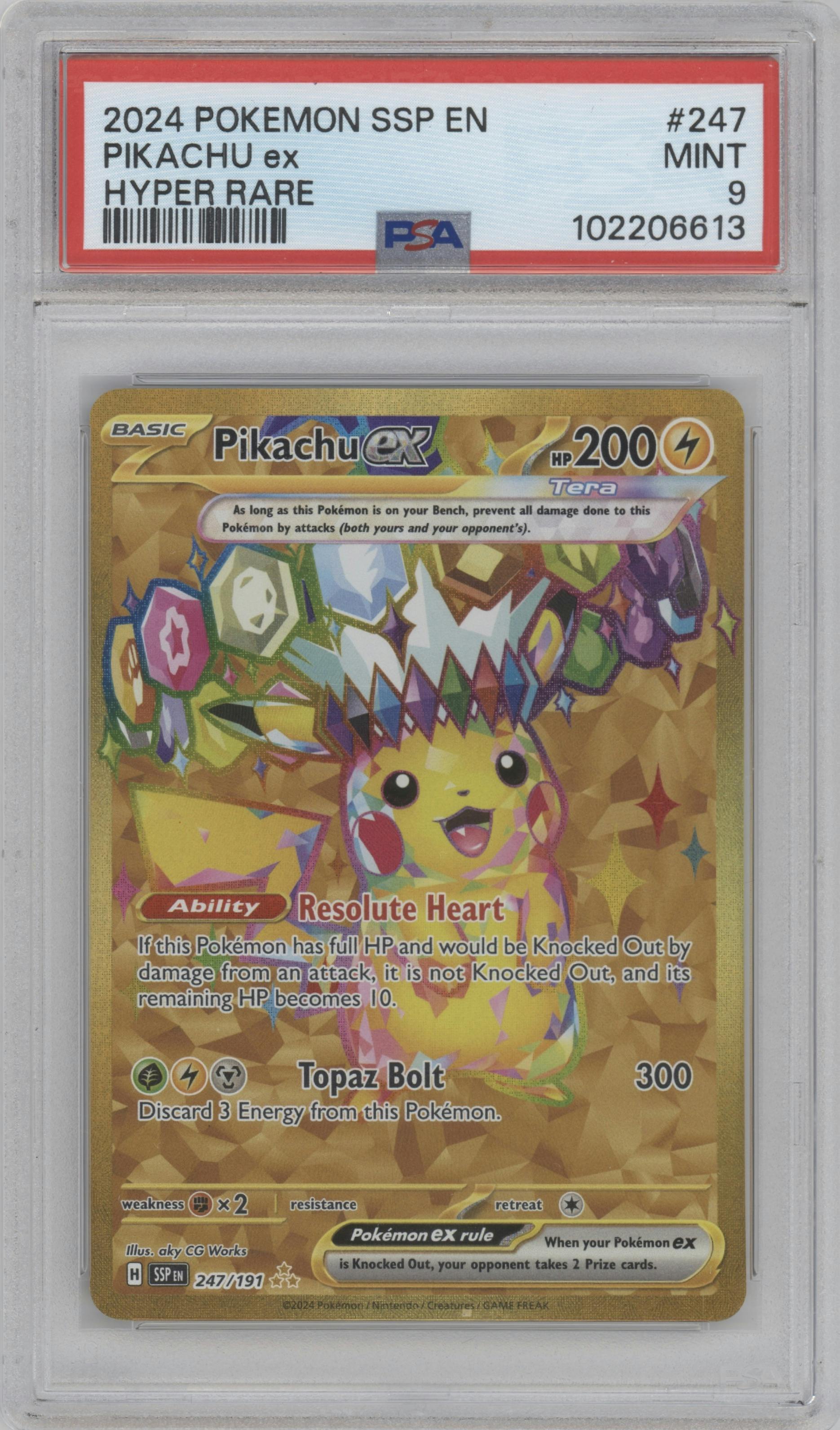 Pikachu ex from the 2024 Pokemon SV set graded by PSA and given an overall grade of 9.