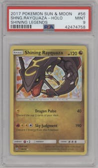 Shining Rayquaza from the 2017 Pokemon S&M set graded by PSA and given an overall grade of 9.