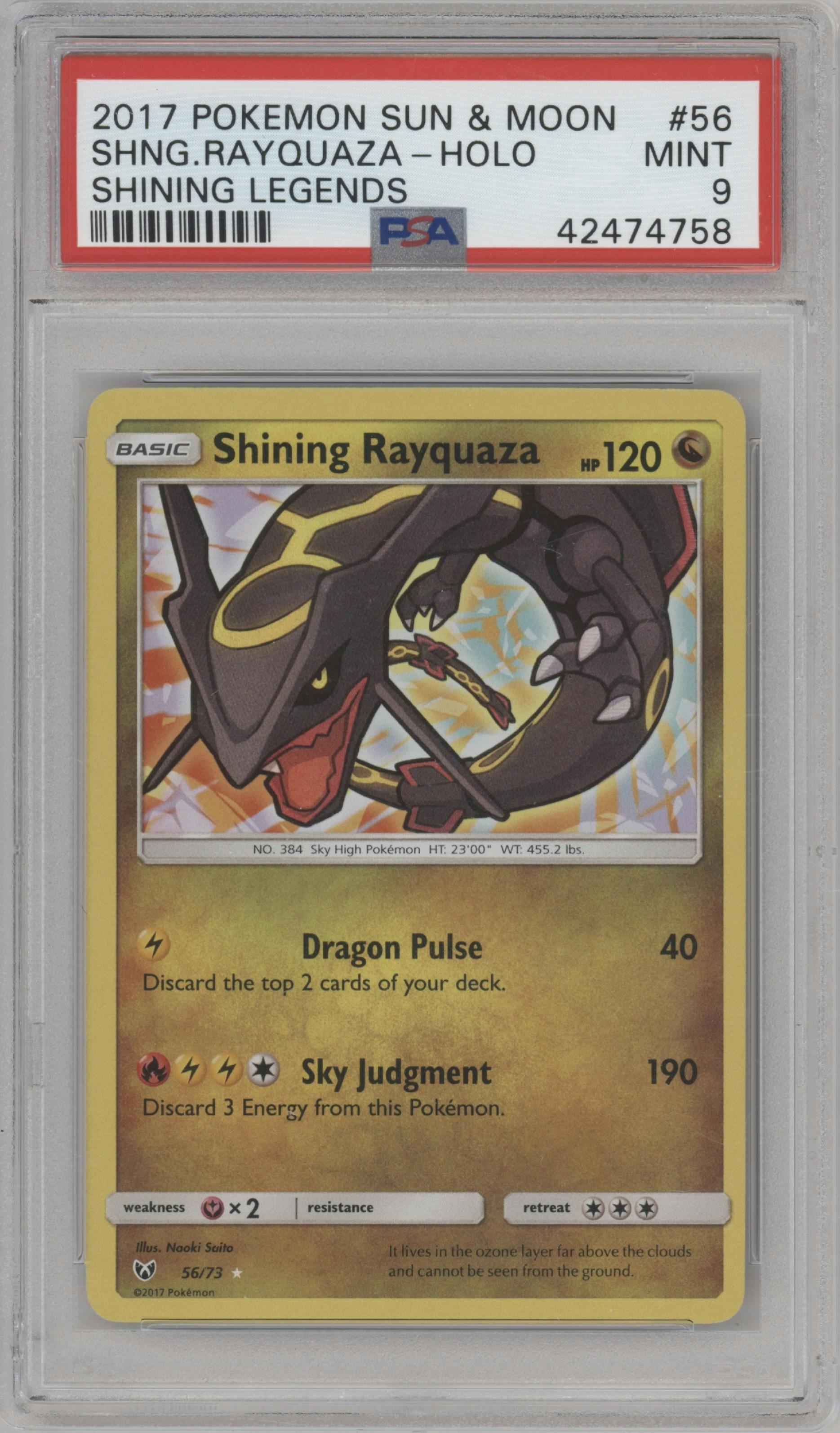 Shining Rayquaza from the 2017 Pokemon S&M set graded by PSA and given an overall grade of 9.