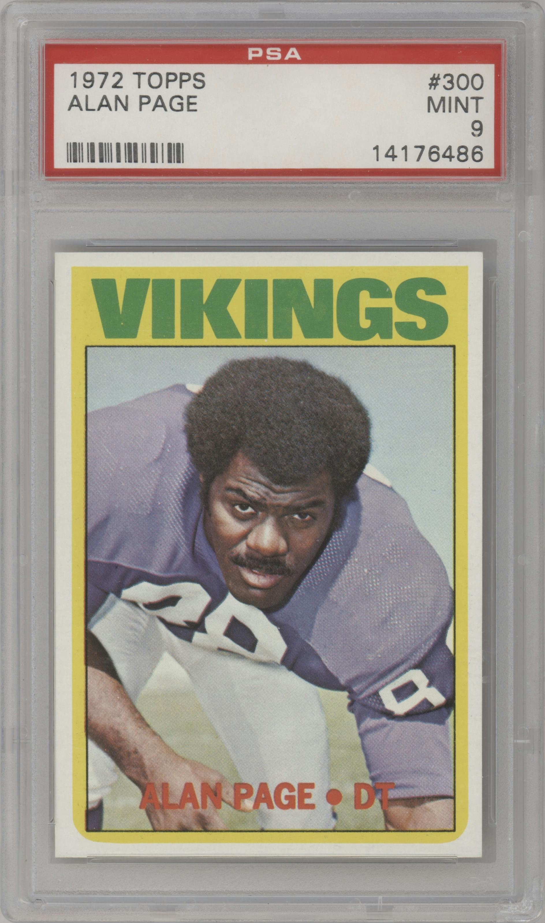 Alan Page from the 1972 Topps set graded by PSA and given an overall grade of 9.