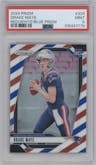 Drake Maye from the 2024 Panini Prizm set featuring a Red White Blue Prizm parallel graded by PSA and given an overall grade of 9.