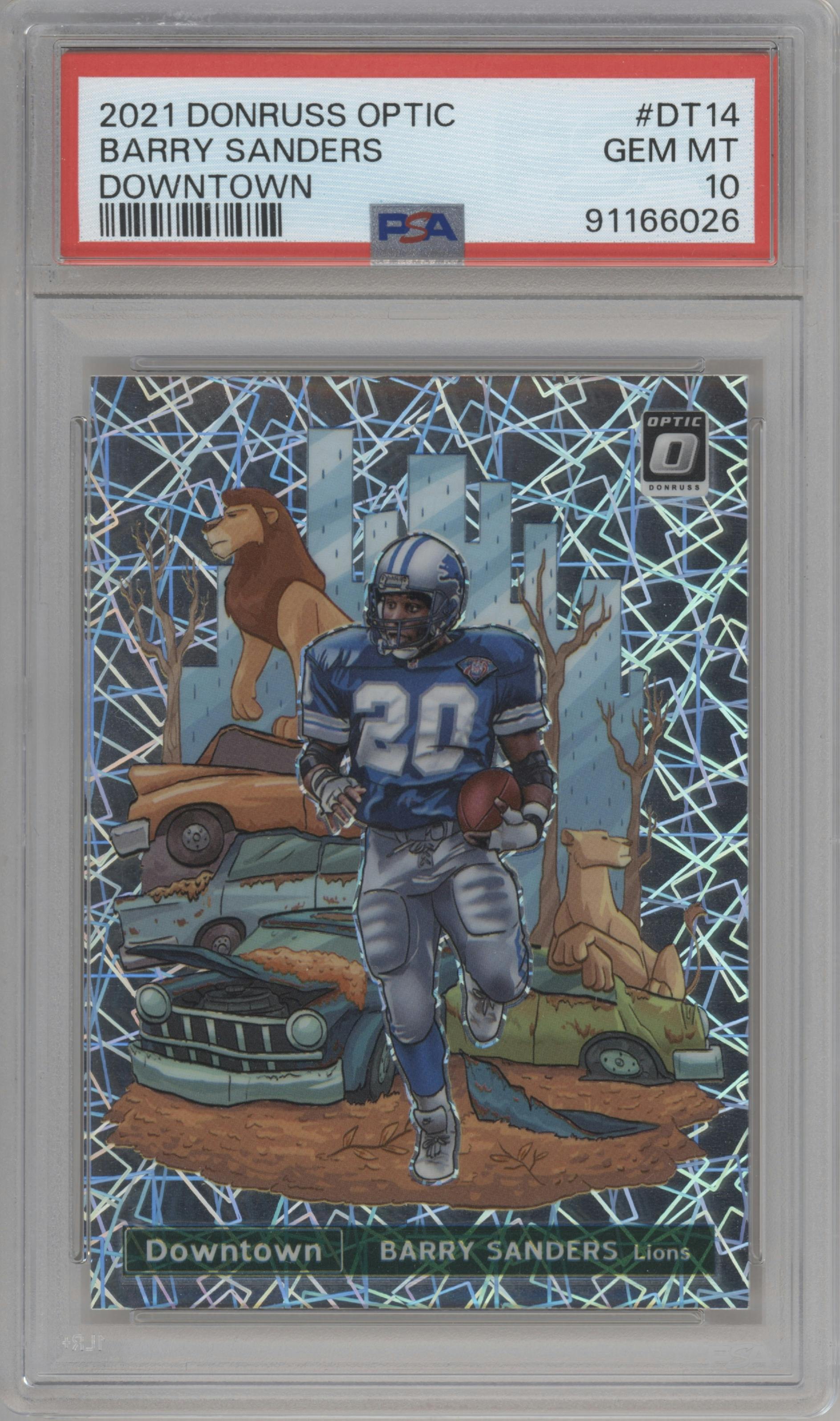 Barry Sanders  from the 2021 Panini Donruss Optic set graded by PSA and given an overall grade of 10.