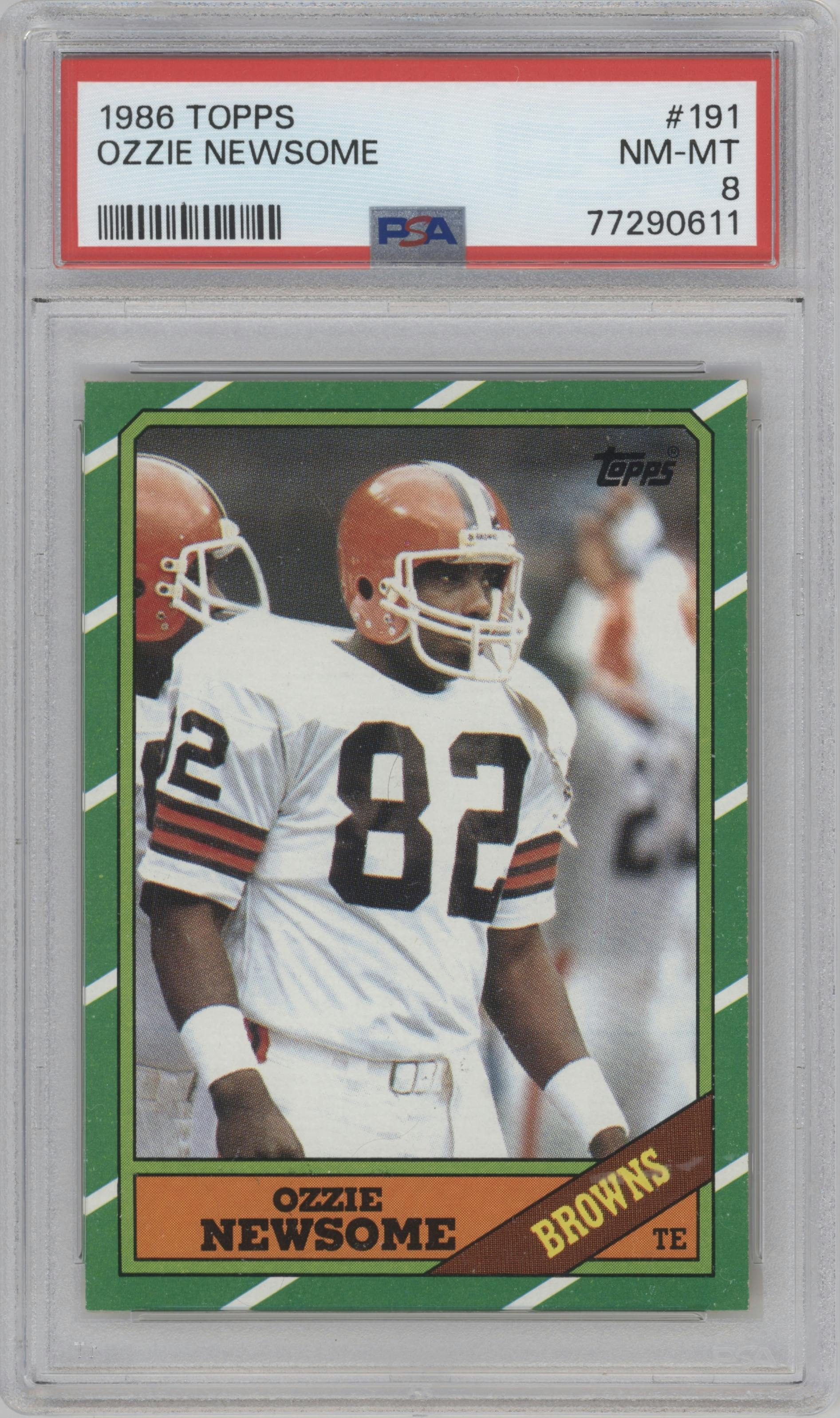 Ozzie Newsome from the 1986 Topps set graded by PSA and given an overall grade of 8.