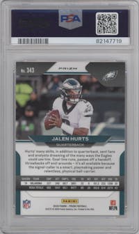 Jalen Hurts from the 2020 Panini Prizm set featuring a Red Ice Prizm parallel graded by PSA and given an overall grade of 10.