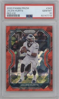 Jalen Hurts from the 2020 Panini Prizm set featuring a Red Ice Prizm parallel graded by PSA and given an overall grade of 10.