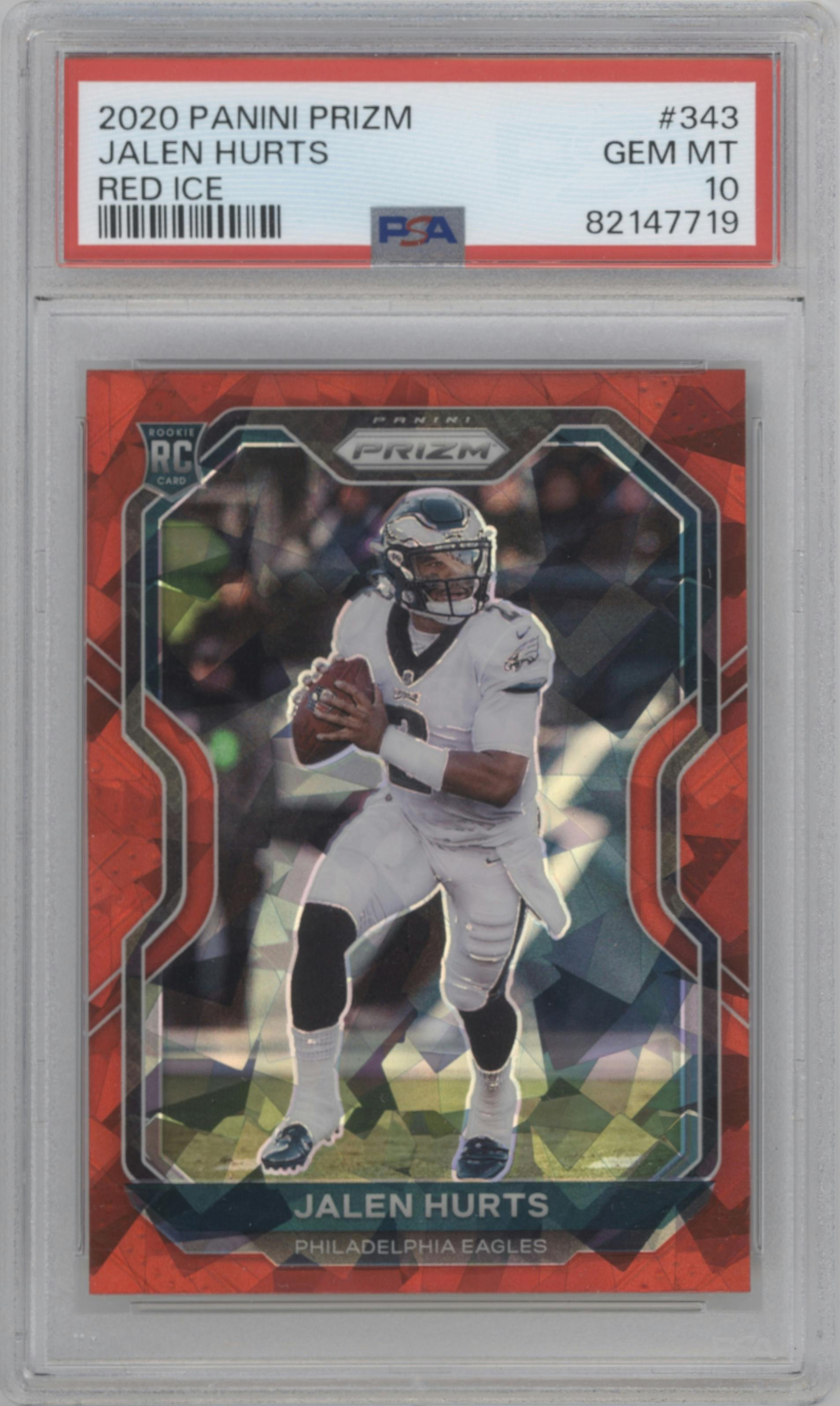 Jalen Hurts from the 2020 Panini Prizm set featuring a Red Ice Prizm parallel graded by PSA and given an overall grade of 10.