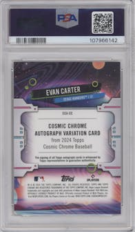 Evan Carter from the 2024 Topps Cosmic Chrome set featuring a Gold Interstellar Refractor parallel graded by PSA and given an overall grade of 10.