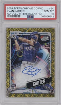 Evan Carter from the 2024 Topps Cosmic Chrome set featuring a Gold Interstellar Refractor parallel graded by PSA and given an overall grade of 10.