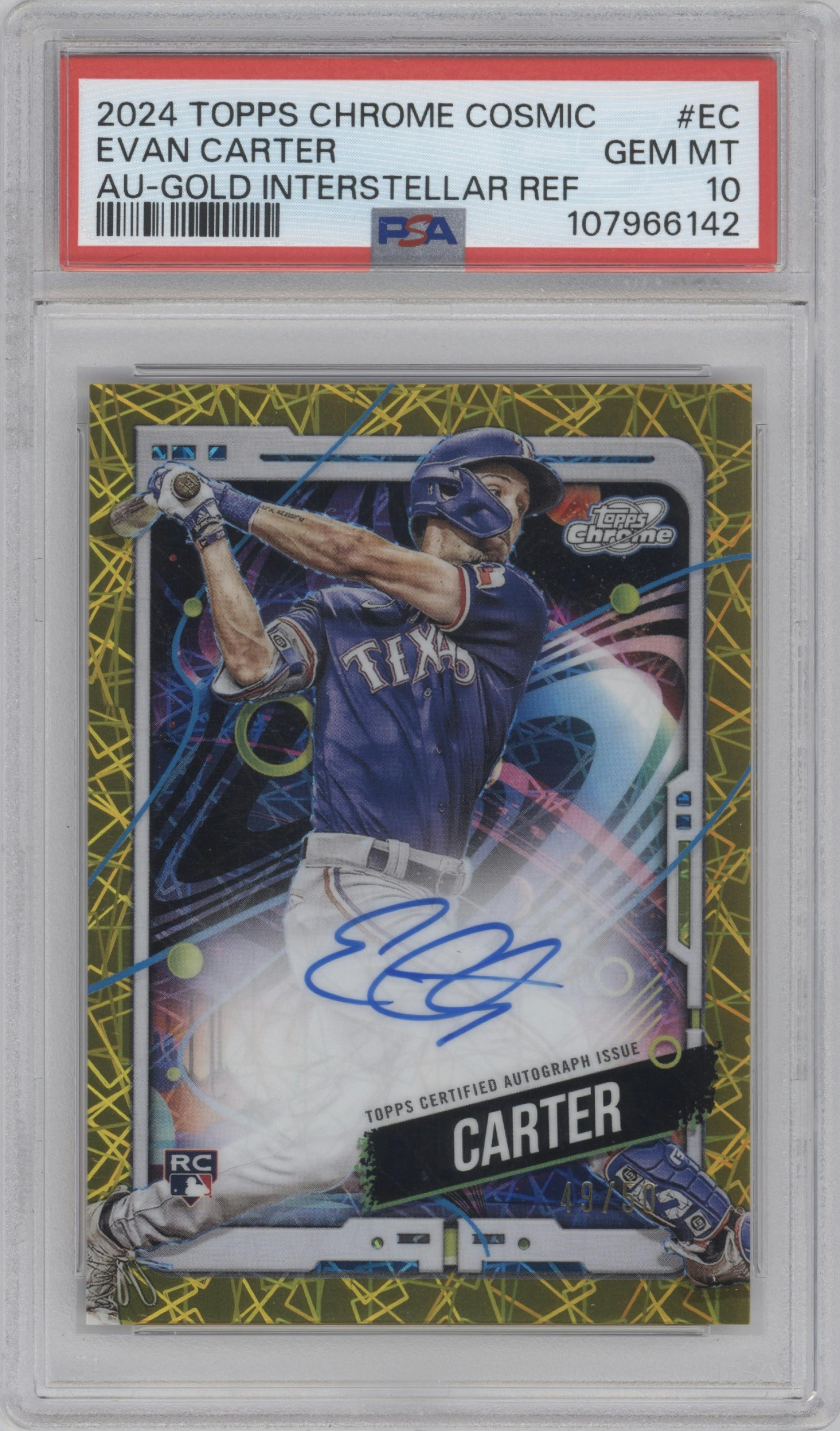 Evan Carter from the 2024 Topps Cosmic Chrome set featuring a Gold Interstellar Refractor parallel graded by PSA and given an overall grade of 10.