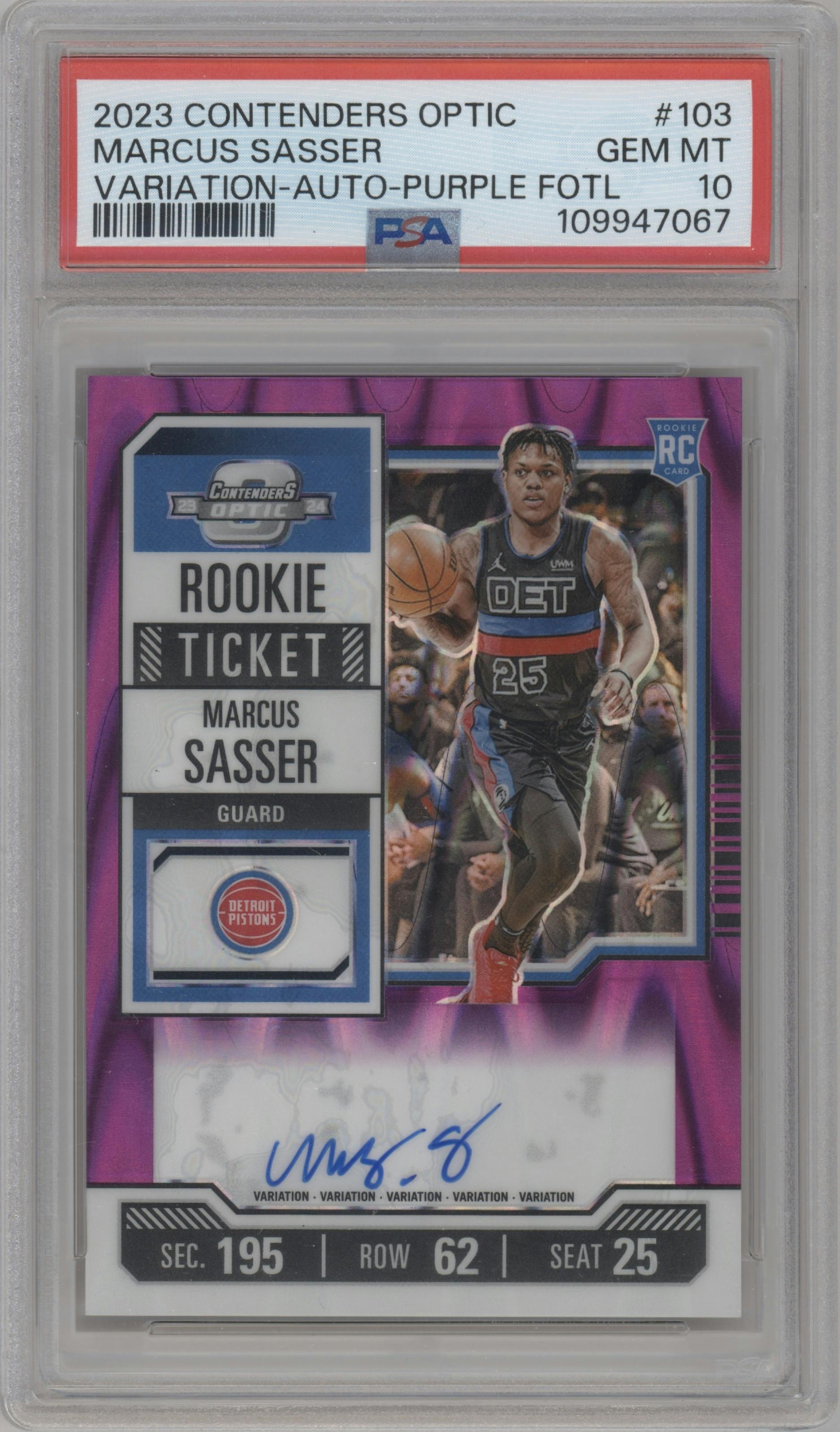 Marcus Sasser from the 2023-24 Panini Contenders Optic set featuring a Purple FOTL parallel graded by PSA and given an overall grade of 10.