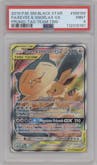 Eevee/Snorlax GX from the 2019 Pokemon S&M  set featuring a Tag Team Tins parallel graded by PSA and given an overall grade of 9.