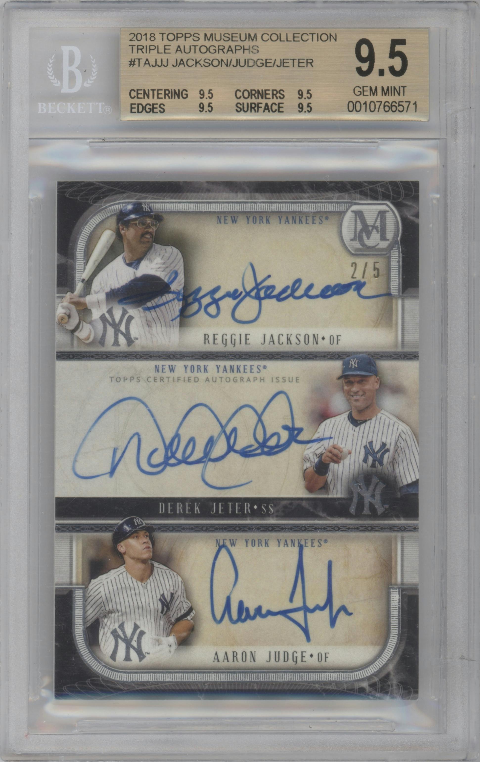 Reggie Jackson/Aaron Judge/Derek Jeter from the 2018 Topps Museum Collection set graded by Beckett and given an overall grade of 9.5.