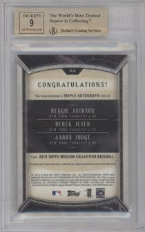 Reggie Jackson/Aaron Judge/Derek Jeter from the 2018 Topps Museum Collection set graded by Beckett and given an overall grade of 9.5.