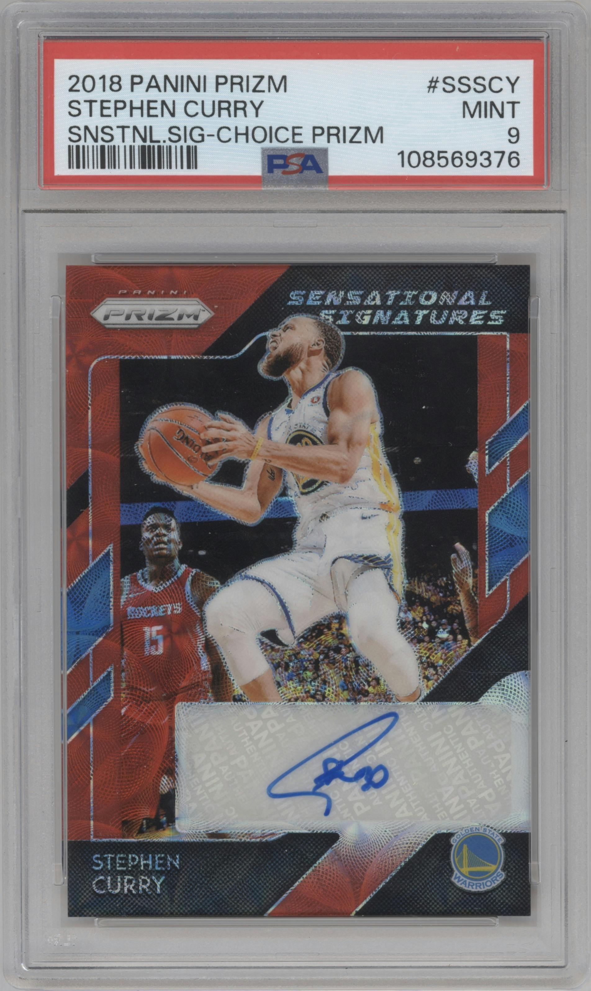Stephen Curry from the 2018-19 Panini Prizm set featuring a Choice Prizm parallel graded by PSA and given an overall grade of 9.