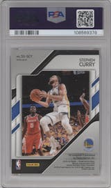 Stephen Curry from the 2018-19 Panini Prizm set featuring a Choice Prizm parallel graded by PSA and given an overall grade of 9.