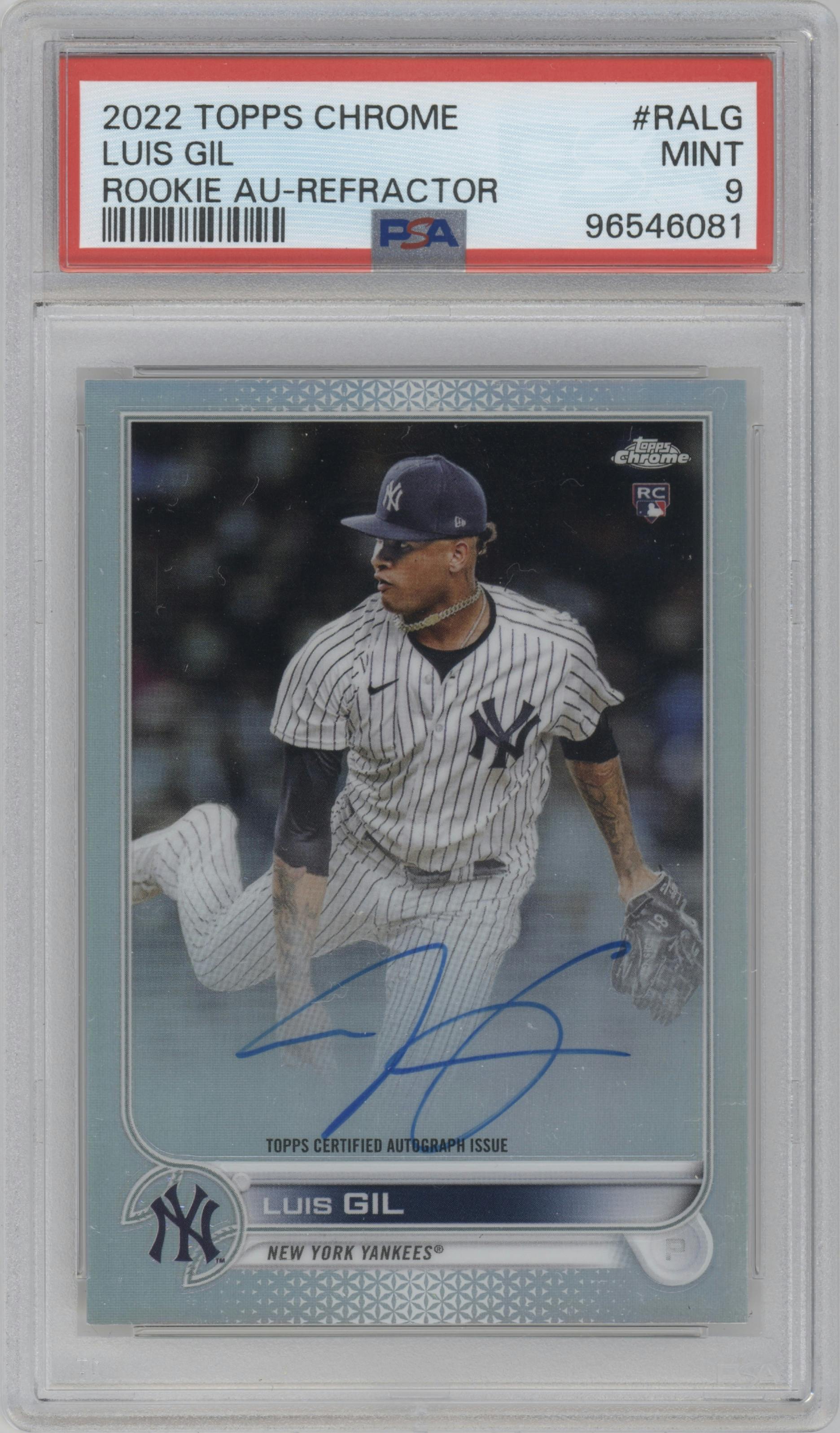 Luis Gil from the 2022 Topps Chrome set featuring a Refractor parallel graded by PSA and given an overall grade of 9.