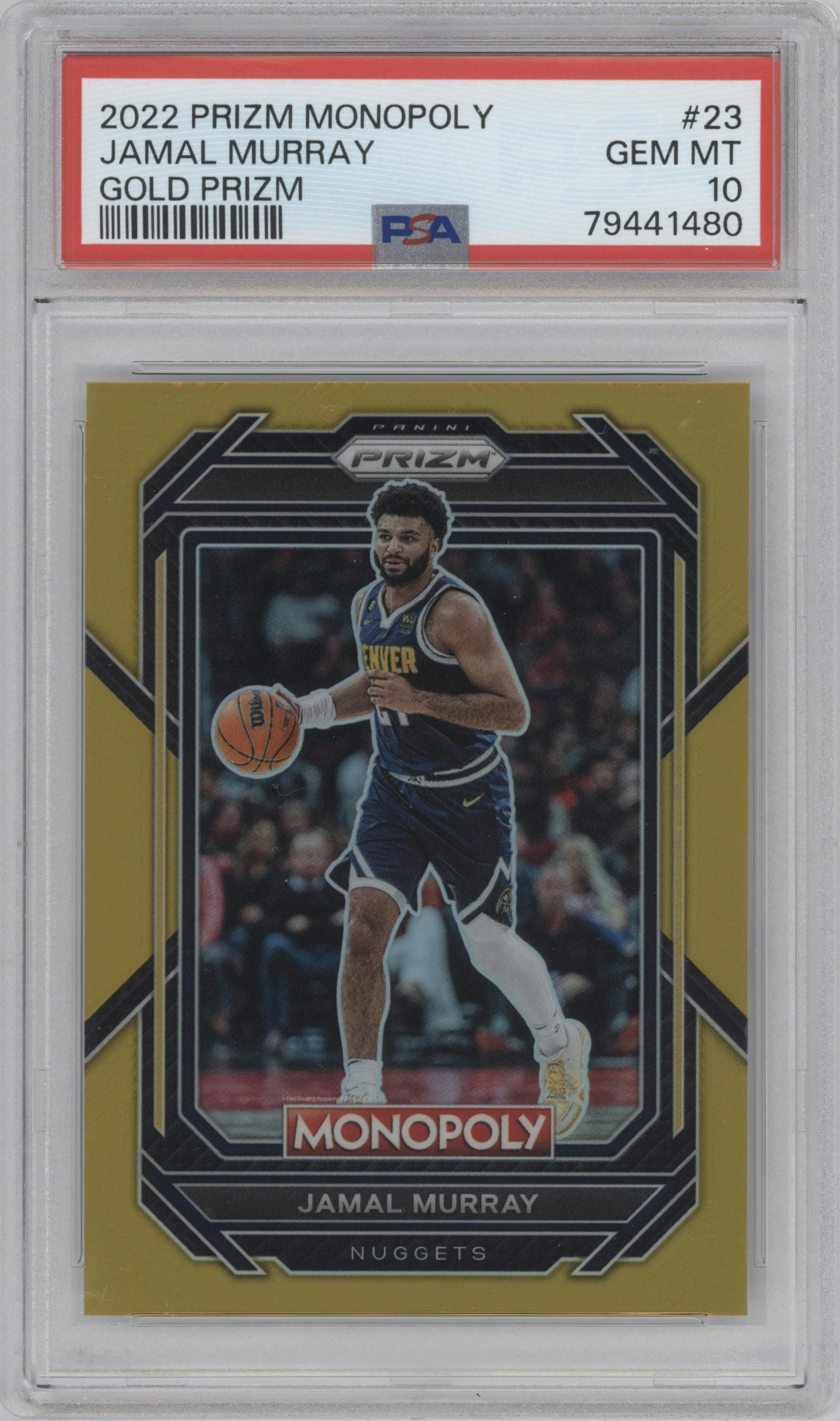 Jamal Murray from the 2022-23 Panini Prizm Monopoly set featuring a Gold Prizm parallel graded by PSA and given an overall grade of 10.